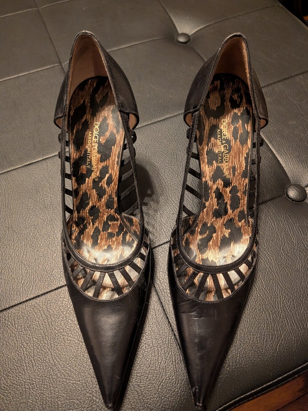 Dolce & Gabbana Black Pointed Leather Cutout Pumps with Leopard Insole